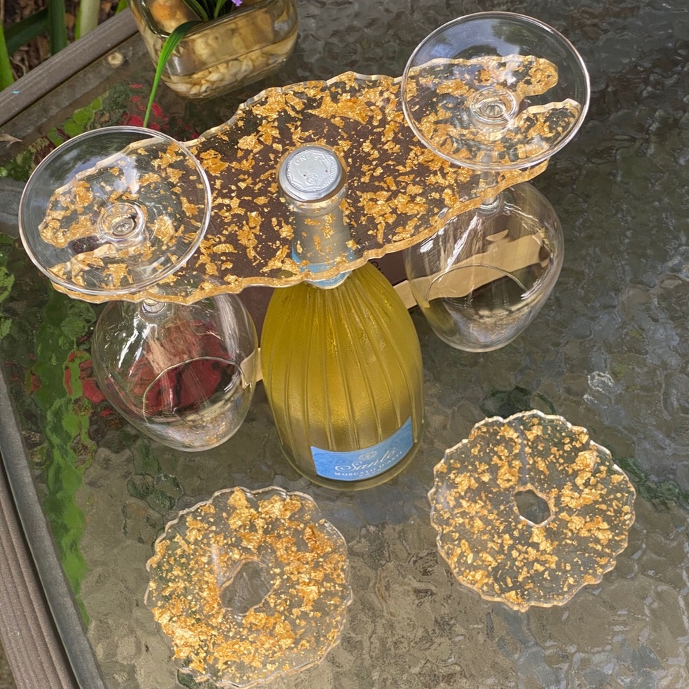 Gold Flake Wine Caddy & Coaster Set Resin Art - Picture 4 of 16